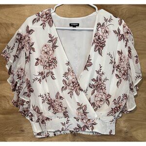 Express women's Small white  pink floral Faux wrap top Blouse Flutter Sleeves